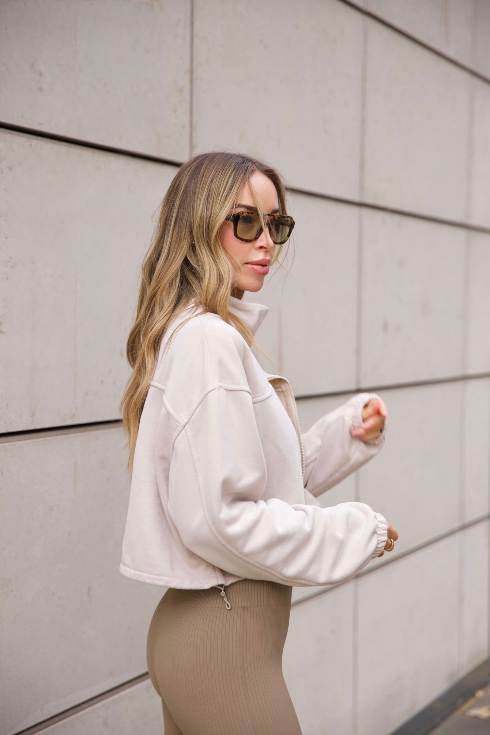 Zip Through Sweater in Iced Oat | Minimalist Athleisure Zip Top