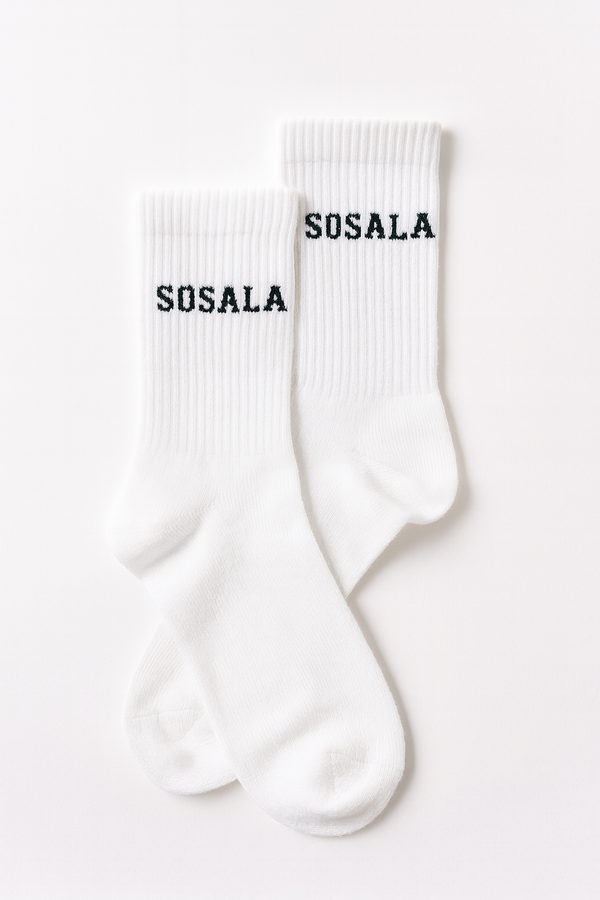 White ribbed socks with 'SOSALA' text on a white background
