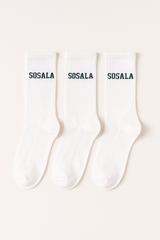 Three pack white socks bundle with 'SOSALA' branding on a white background