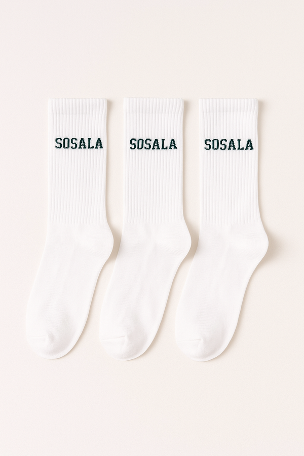 Three pack white socks bundle with 'SOSALA' branding on a white background