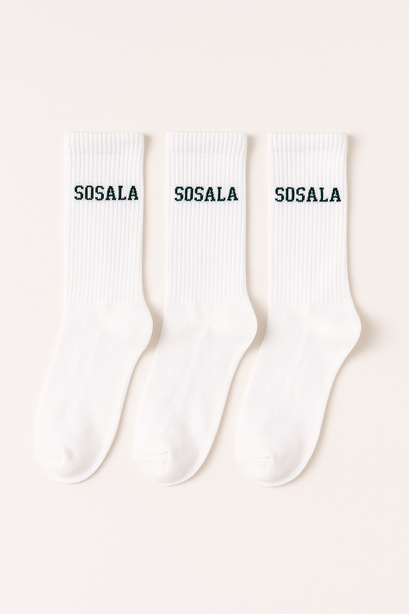 Three pack white socks bundle with 'SOSALA' branding on a white background